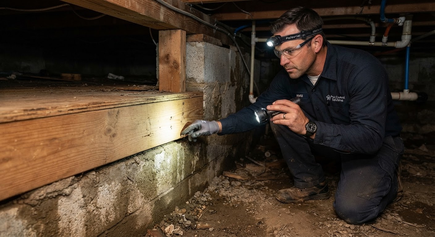 Termite inspector checking crawlspace foundation wood beams with a high-powered inspection light