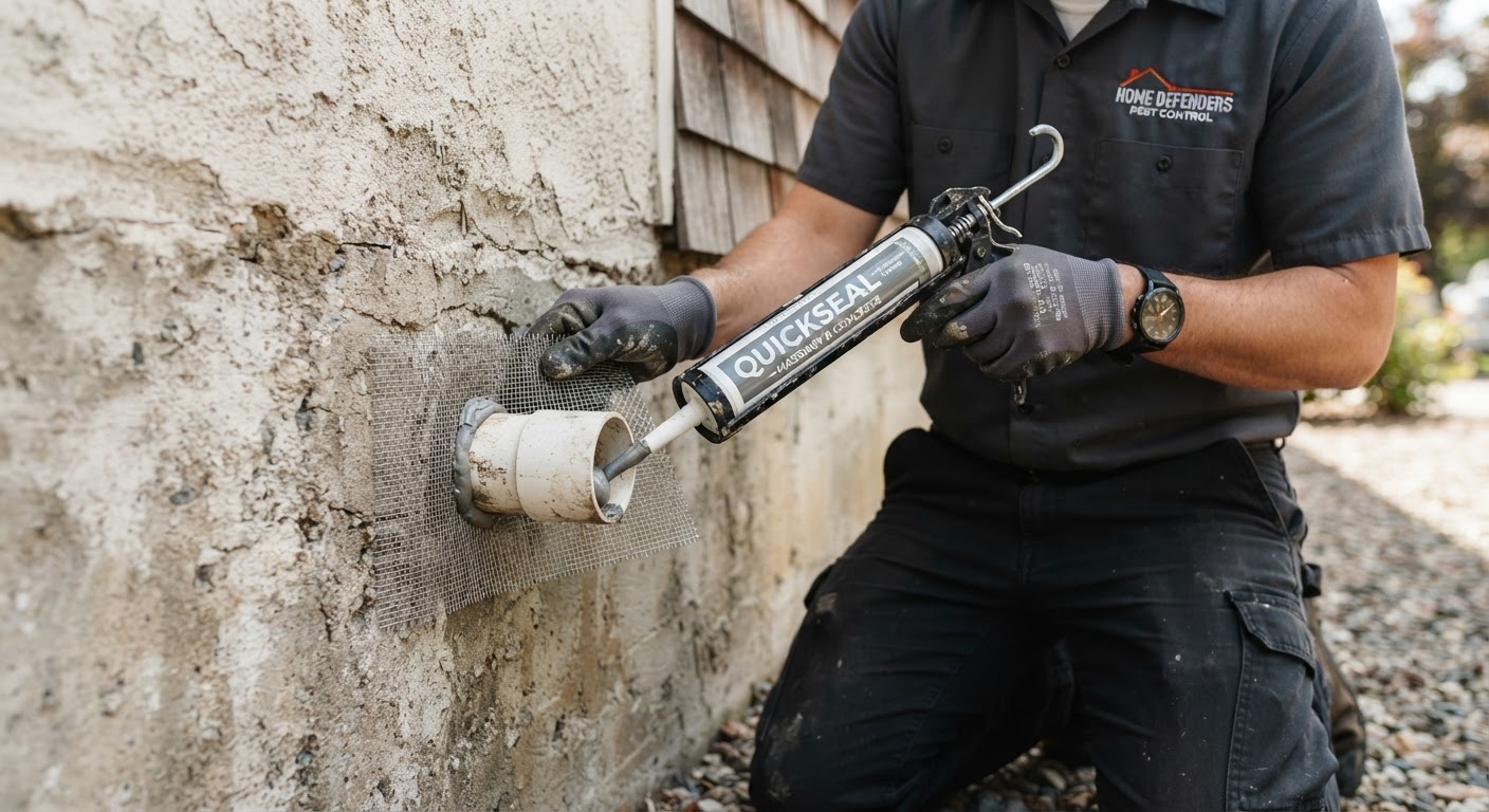 Rodent exclusion technician sealing an exterior opening along home siding with durable copper mesh