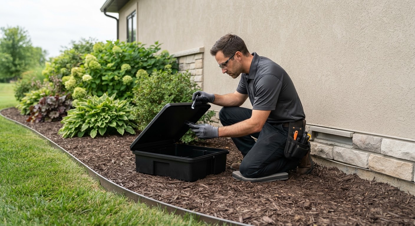 Pest technician checking a secure exterior tamper-resistant bait station along a residential garden border