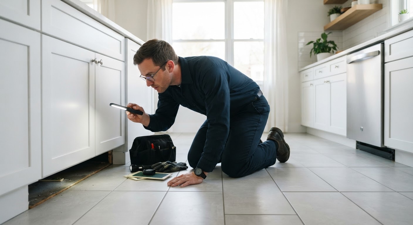 Pest control specialist performing a thorough kitchen perimeter inspection for indoor pests