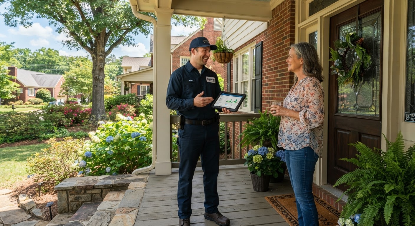 Friendly pest control technician discussing service details with a homeowner on a front porch