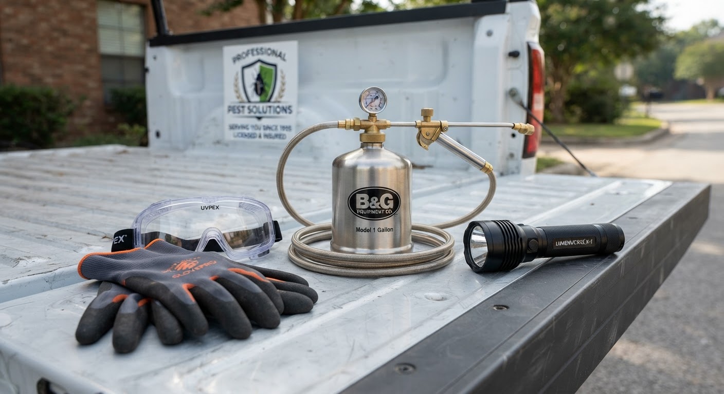 Well-organized pest control equipment and inspection tools ready for residential service